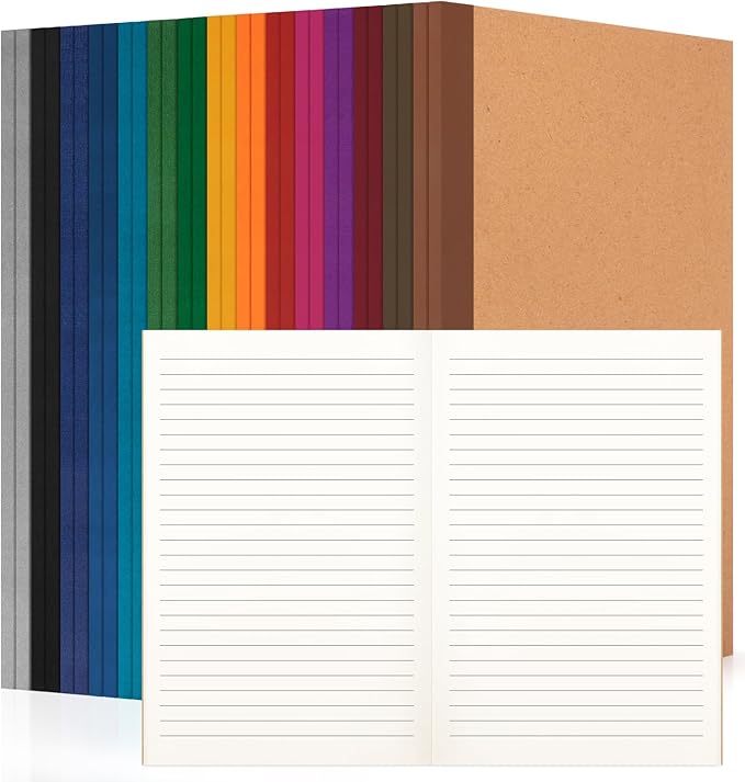 ALKALO 30 Pack Lined Notebook Journals Bulk, A5 College Ruled Composition Notebook, 8.3”x 5.5”, Kraft Cover with Vintage Spines, 15 Colors 60 Pages for School Office Travel(Vintage-Lined-30 pack)