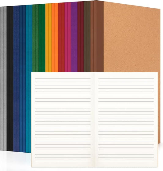 ALKALO 30 Pack Lined Notebook Journals Bulk, A5 College Ruled Composition Notebook, 8.3”x 5.5”, Kraft Cover with Vintage Spines, 15 Colors 60 Pages for School Office Travel(Vintage-Lined-30 pack)
