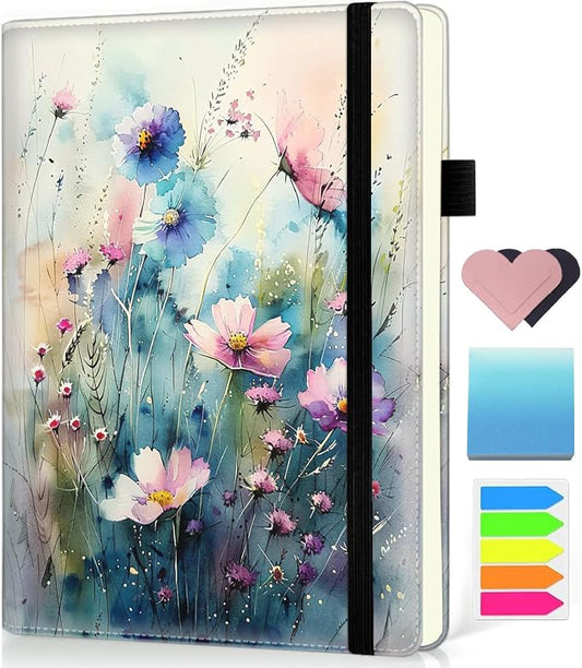 Hardcover Executive Notebooks, A5 PU Leather Lined Journal Notebook, 200 Pages Thick Paper Subject Notebooks for School,Work,Home Writing Business Notebook, Diary Book ，Watercolor Flowers