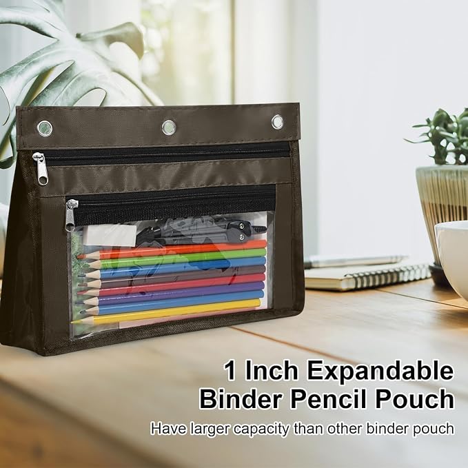 YoeeJob 2 Pack 1 Inch Expandable Zipper Pencil Pouches with Clear Window for 3 Ring Binder, Suitable for School & Office（Coffee Color）