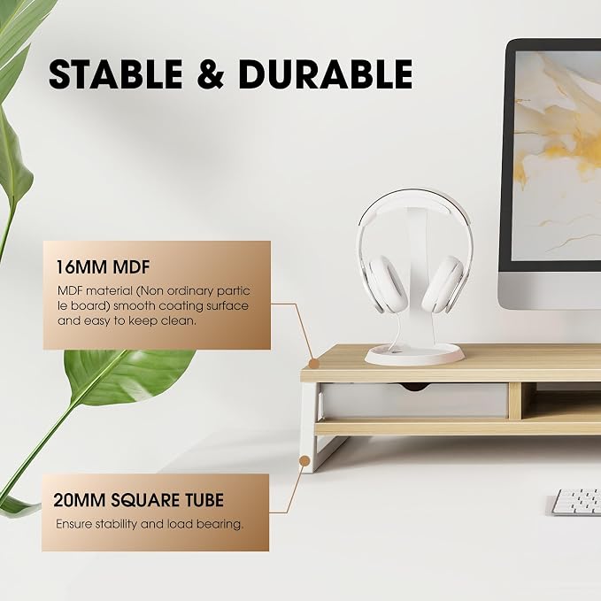 Fenge Dual Monitor Stand Riser, 42.5in Desk Shelf with 2 Drawers, Oak | 2-Tier Monitor Shelf for Desk, Storage Drawer with Stopper, Frosted, fit Home Office, Ultrawide Screen, PC, Laptop, TV