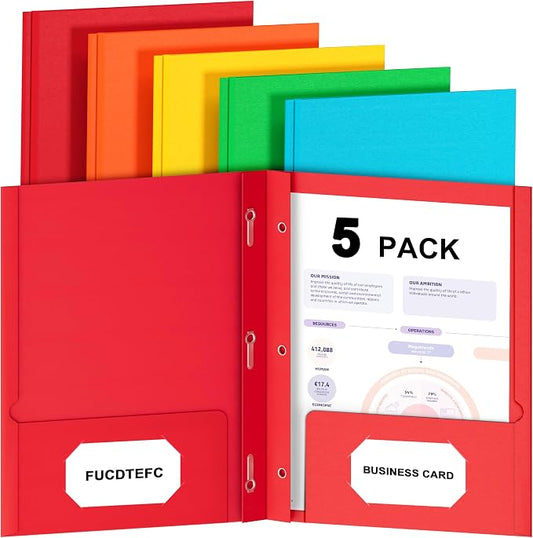 FUCDTEFC 2 Pocket Folders with Prongs, 5 Pack Paper Folders with Pockets and Prongs, File Folders with Fasteners, Heavy Duty Two Pocket 3 Prong Folders for Office School Letter Size, 5 Bright Color