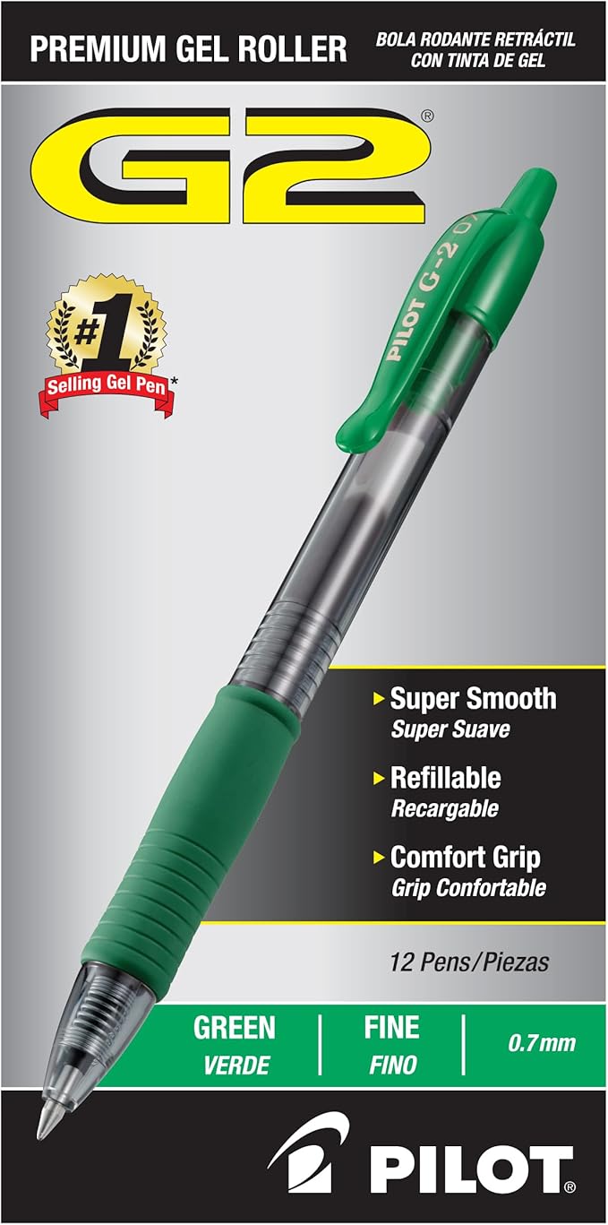 Pilot G2 Premium Gel Roller Pens, Fine Point 0.7 mm, Green Ink, Pack of 12 - Ideal for School, Journaling and Office Writing