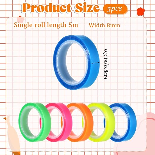 Sliverdew 5 Rolls Highlighter Tape Colored Transparent Marking Sticker Removable Fluorescent Neon Tape Annotation Supplies for Teachers Students Reading Home Office (0.3inch X 16ft)