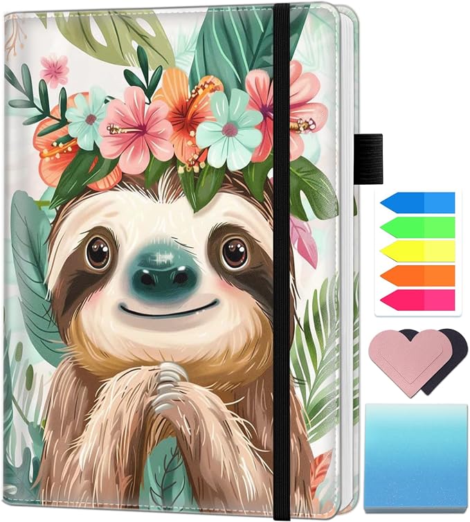 A5 Leather Lined Journal Notebook, 200 Pages Hardcover Executive Notebook for Men Women Office School Note Taking, Thick Writing Paper Daily Journal with Bookmarks/Indexes,Watercolor Sloth
