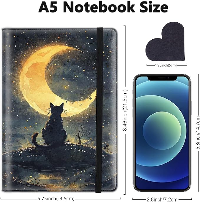 A5 Leather Lined Journal Notebook, 200 Pages Hardcover Executive Notebook for Men Women Office School Note Taking, Thick Writing Paper Daily Journal with Bookmarks/Indexes, Cat Under The Stars