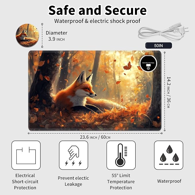 Heated Desk Pad Mouse Pad,Heated Desk Mat,with 3 Heating Levels & 3 Hours Auto Shut-Off,Leather 23.6"*14.2" Gaming Mouse Laptop Mat,Foot Warmer,Cute Fox Forest