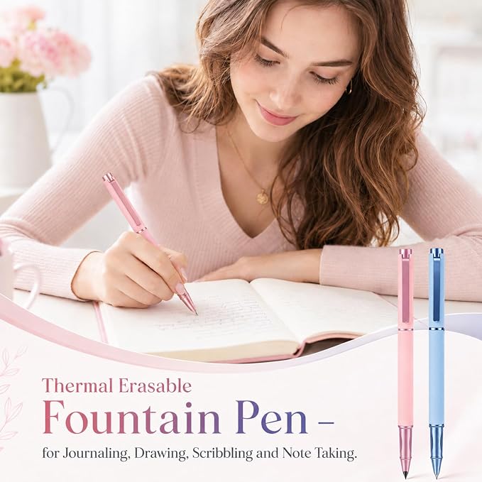 Thermal Erasable Fountain Pen,0.38mm Fine Nib,Suitable for Office Use,Note-taking,Journaling,and Drawing(Pink, Blue)