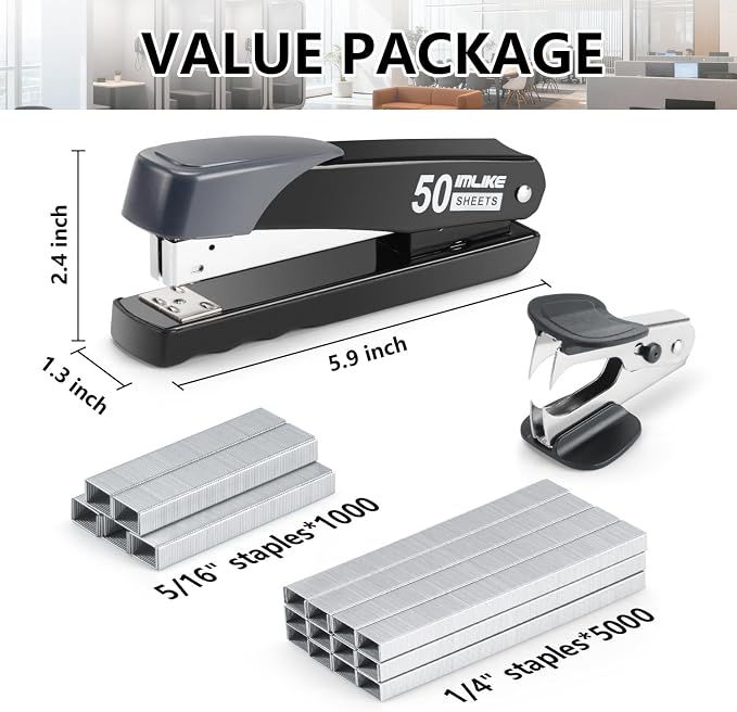 Heavy Duty Stapler, IMLIKE 50 Sheet Full Strip Stapler, Anti-Jam Non-Slip with 5000pcs 26/6 Staples and 1000pcs 23/8 Staples, Staple Remover, for Home, Office, and Classroom, Black