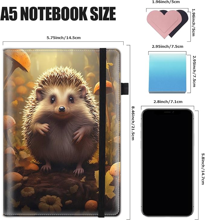 Hardcover Executive Notebooks, A5 PU Leather Lined Journal Notebook, 200 Pages Thick Paper Subject Notebooks for School,Work,Home Writing Business Notebook, Diary Book ， Hedgehog
