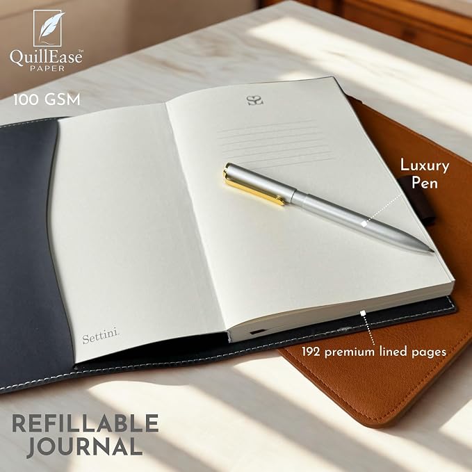 SETTINI® Refillable Vegan Leather Journal with Pen, Do Everything Brown | refillable insert system, luxury pen, 192 pages, vegan leather, A5, lined refill, faith gift