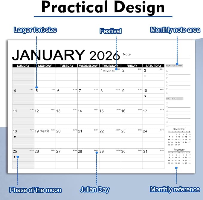 Calendar 2026-2027 18 Months-Simple | 17" x 12"| 110GSM Thick Paper | No-Bleed | Stickers Attached | Home, School & Office Use