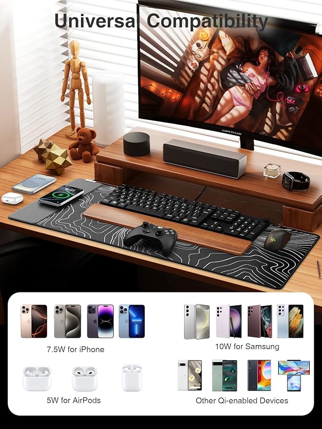 Magnetic Wireless Charging Mouse Pad, 31.5"x15.8" Large Desk Mat | Waterproof Mousepad, Smooth Glide, Stitched Edge, Non-Slip Rubber Base, Desk Pad Computer Keyboard Mat, No Adapter