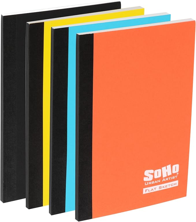 SoHo Urban Artist Tape Bound Lay Flat Sketch Book, Multicolor, 4x6 4 Pack, 30 Sheets Each (120 Total) Smooth Mixed Media Sketchbook, 71lb. (106 GSM) Paper Travel Art Journal, Soft Cover
