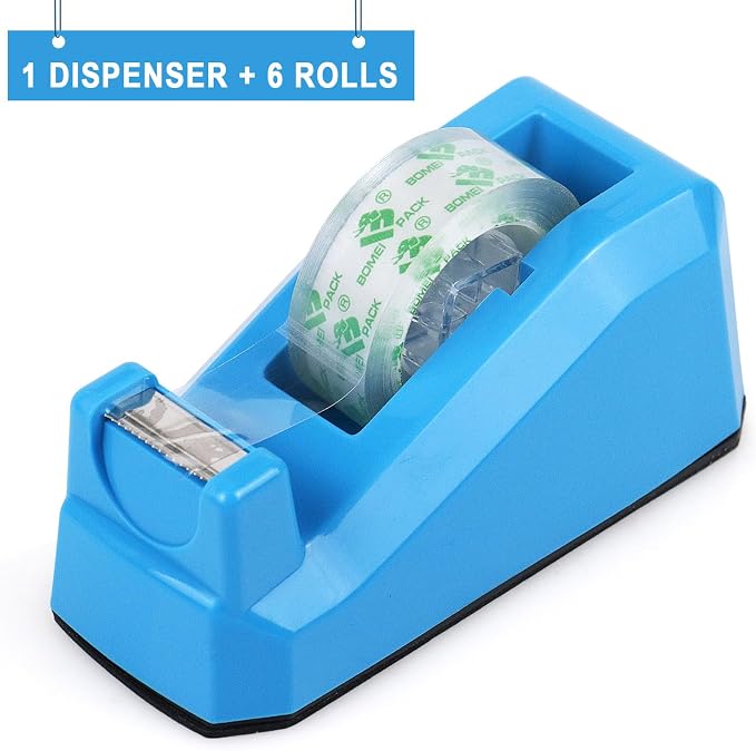 BOMEI PACK Tape Dispensers Desk, 1 Pack Blue with 6Rolls Transparent Tape Refills, 1 Inch Core, for Gift Wrapping, School, Office and Home