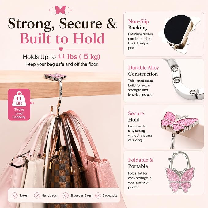 Purse Hook for Table, Foldable Handbag Hanger for Women, Portable Bag Holder with Non-Slip Base, Cute Colorful Glitter Butterfly Purse Table Hook for Restaurant Office Travel Gift