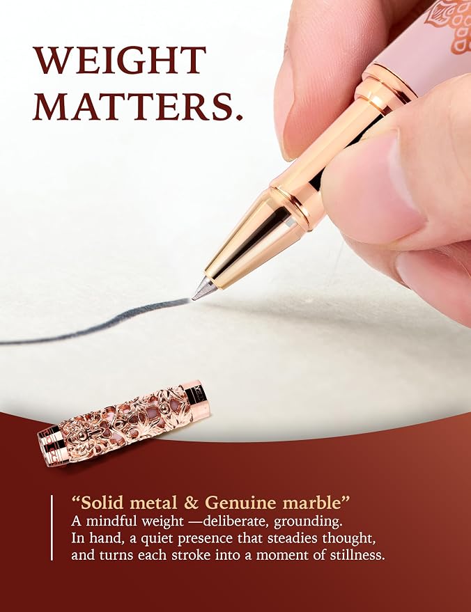 Executive Rollerball Pen Sets With Stand-Museum Collections-Crafting Timeless Beauty-Luxury Pen Gift & Office Desk Decor, German SCHMIDT refill, Solid Metal & Marble Texture (Purple & Rosegold Pen)