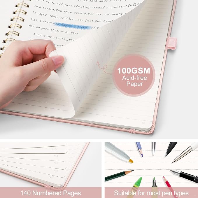 AHGXG Lined Spiral Journal Notebook, 140 Pages, B5 (7.6" x 10") | Journals for Women, Hardcover Leather Notebook College Ruled, 100 GSM Paper, for Work School Note Taking (Rose gold)