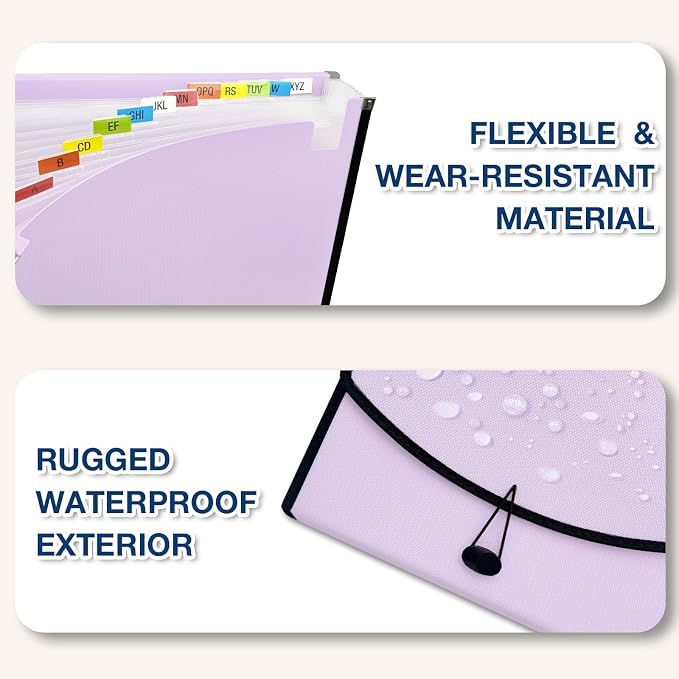 H4D 13-Pocket Accordion File Organizer, Expanding File Folder, Pale Lilac | Extra Back Mesh Pocket, Letter Size Paper, Pre-Printed and Customizable Labels, Expandable Document Organizer