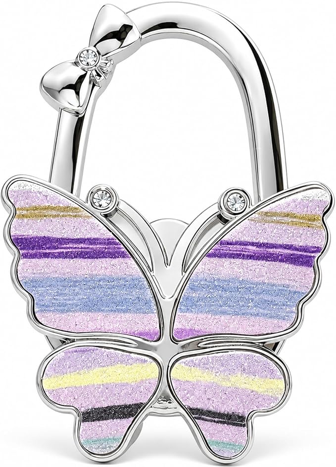 Purse Hook for Table, Foldable Handbag Hanger for Women, Portable Bag Holder with Non-Slip Base, Cute Stripes Purple Butterfly Purse Table Hook for Restaurant Office Travel Gift