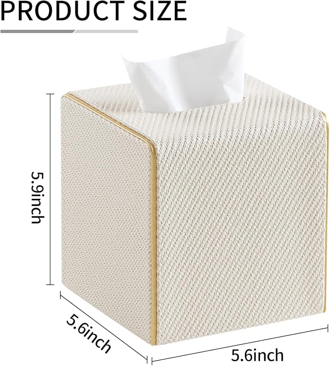 Square PU Leather Tissue Box Cover with Magnetic Closure, Decorative Tissue Holder & Storage Container for Bedroom, Living Room, Dining Room, Bathroom, Countertop, Desk (Square Off-White Twill)