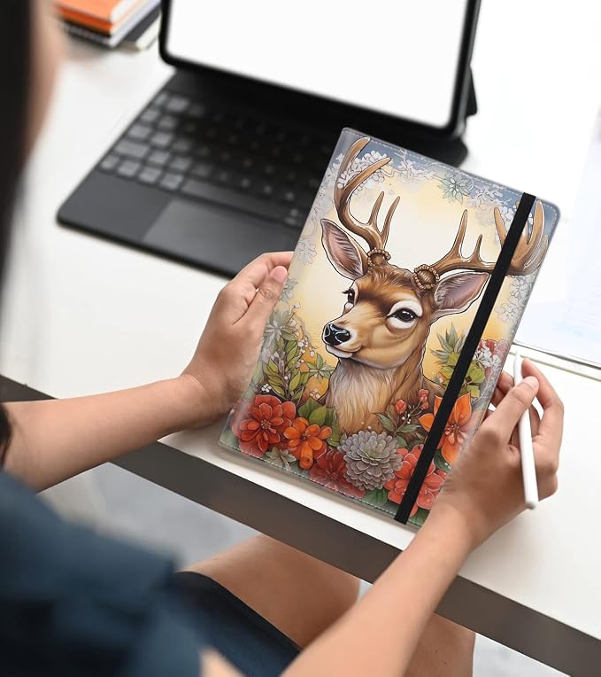 A5 Leather Lined Journal Notebook, 200 Pages Hardcover Executive Notebook for Men Women Office School Note Taking, Thick Writing Paper Daily Journal with Bookmarks/Indexes, Deer Red Flower