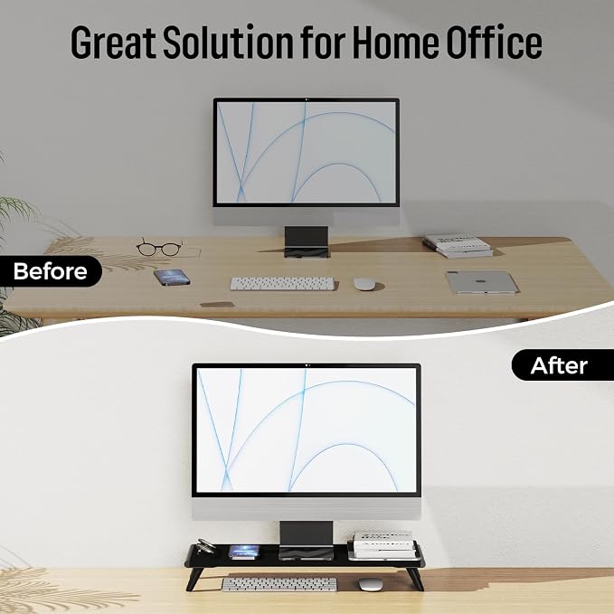 loukin Monitor Stand Riser for Desk, 22.4" × 8.2" Computer Stand, Black | Supports 22 lb, No Installation Required, Water-Resistant Surface, Fits Laptops and Printers, Ergonomic Design