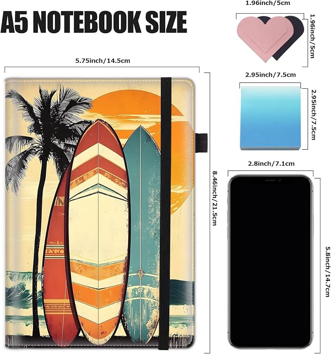 Hardcover Executive Notebooks, A5 PU Leather Lined Journal Notebook, 200 Pages Thick Paper Subject Notebooks for School,Work,Home Writing Business Notebook, Diary Book ，Surfing Islands