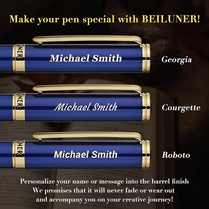 BEILUNER Blue Personalized Fountain Pen,Stunning Luxury Lacquer,24K Gilded Nib(Fine),Gorgeous 24K Gold Finish, Ink Converter,Fancy Gift for Men&Women-Elegant, Graduation,Nice Pens for Writing