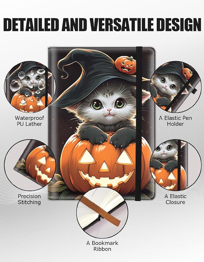 Hardcover Executive Notebooks, A5 PU Leather Lined Journal Notebook, 200 Pages Thick Paper Subject Notebooks for School,Work,Home Writing Business Notebook, Diary Book ， Halloween Cat Pumpkin