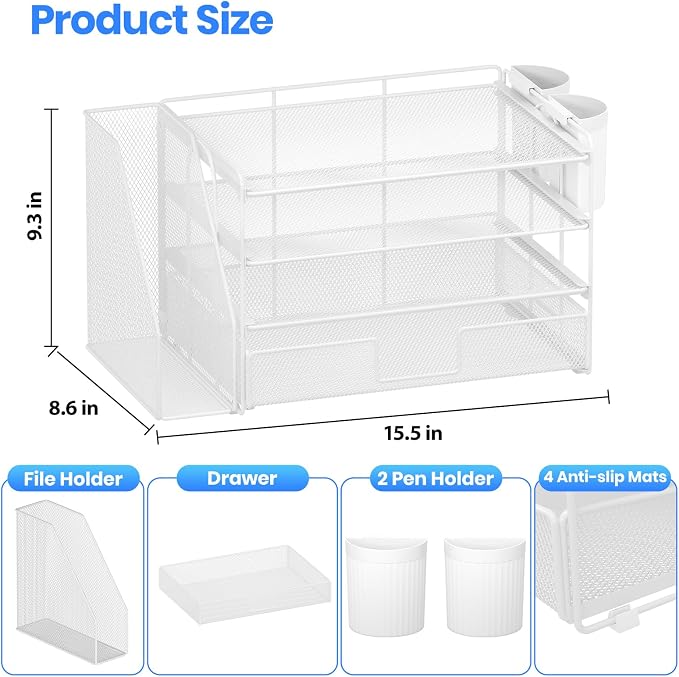 OPNICE Desk Organizer, 4-Tier Desktop File Organizer with Drawer and Pen Holders, Office Desk Accessories, File Sorters, Workspace Organizers for Office Supplies(White)