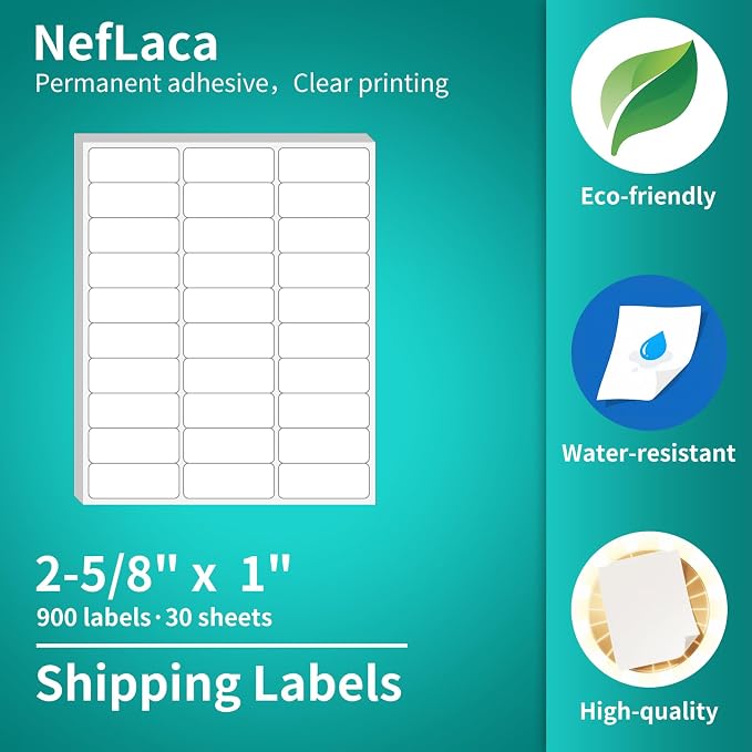 White Shipping Labels, 30 Sheets (1" x2-5/8"), 900 Labels, Printable for Laser & Inkjet Printers, Address Labels