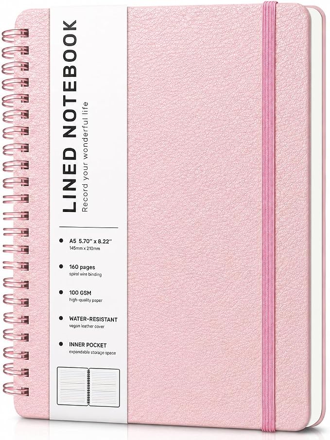 ABERLLS Lined Spiral Journal Notebook with 160 Pages, 8×5.7in, A5 Spiral Notebook, Journaling Notebooks for Work, School, Women, Men, College Ruled Spiral Notebook, Hardcover Leather Journals, Pink