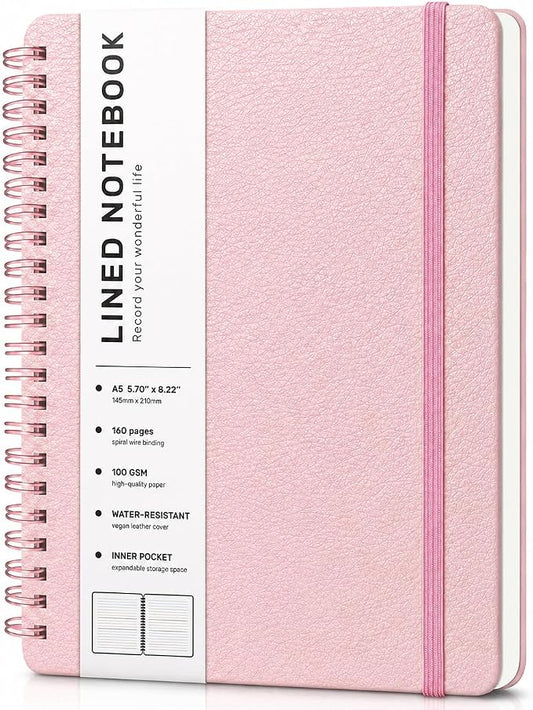 ABERLLS Lined Spiral Journal Notebook with 160 Pages, 8×5.7in, A5 Spiral Notebook, Journaling Notebooks for Work, School, Women, Men, College Ruled Spiral Notebook, Hardcover Leather Journals, Pink