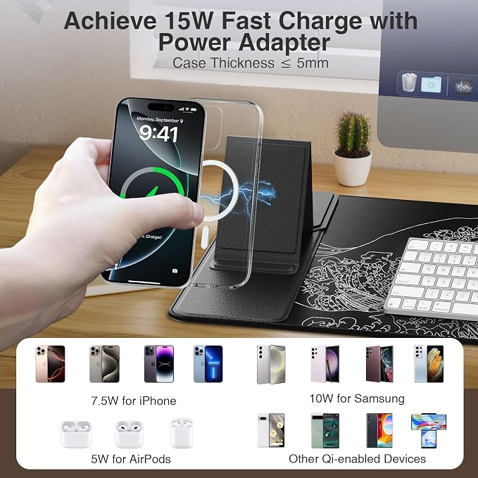 Wireless Charging Mouse Pad with Foldable Phone Holder, Black Wave | 31.5"x15.8" Large Desk Mat for Laptop/Keyboard, Waterproof Ultra-Smooth Surface, Non-Slip Base