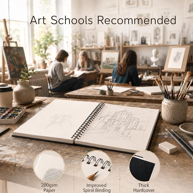 Artist’s Sketchbook Hardcover – 200GSM Very Thick Paper – Large, Spiral Sketch Book for Drawing and Mixed Media – Sketch Pad, Art Book - 8.25 x 11.4, 40 Sheets / 80 Pages