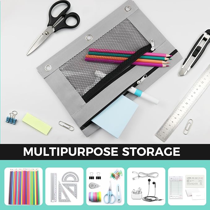 3 Ring Pencil Pouch for Binder, 2-Pocket Zipper Pencil Case with Clear Window & Mesh Pocket, 600D Oxford Fabric Binder Pouch for School Office Supplies, Fits Standard 3-Ring Binders, Grey