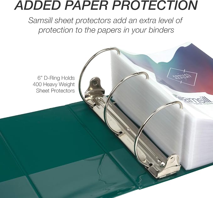 Samsill Durable 6 inch 3 Ring Binder, Locking D Ring Binder, Customizable Clear View Cover, Green, 6-Pack, Holds 1225 Pages