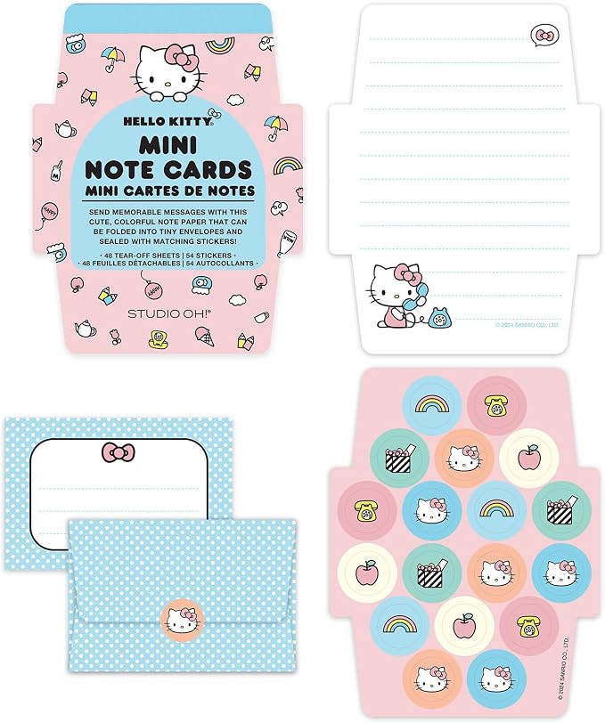 Studio Oh! Blank Mini Note Cards with Sticker Seals, 48 Tear-Off Foldable Memos, Tiny Envelope Notes, 6 Designs, 54 Stickers for All Occasion, Thanks, Party Invitations, Hello Kitty® Classic Pink