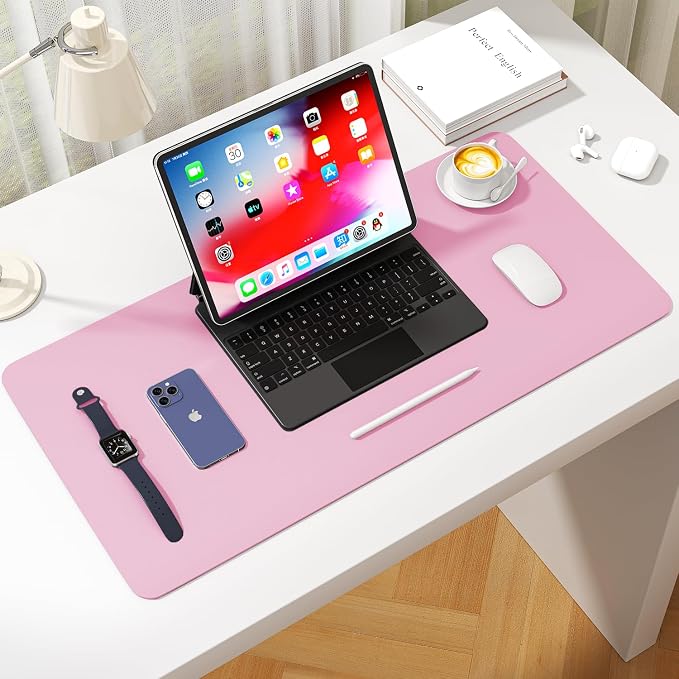 Leather Desk Pad Protector, Waterproof Mouse Pad, PU Desk Mat, Office Desk Cover, Desk Writing Mat for Office/Home/Work/Cubicle (Pink) 23.6x13.7 in
