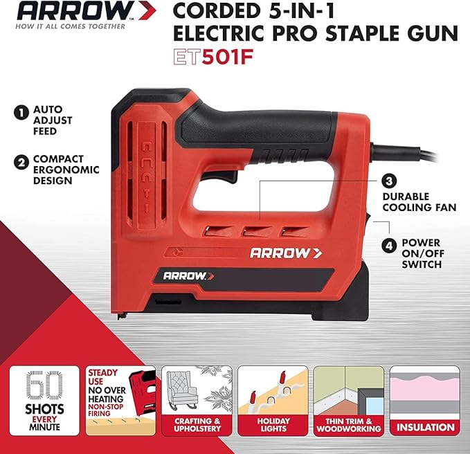 Arrow ET501F Corded 5-in-1 Professional Electric Staple and Nail Gun, Wire Stapler, and Brad Nailer for Upholstery, Framing, Insulation, Crafts, Fencing, and Cable, Black/Red | Corded Professional Electric Staple and Nail Gun for Upholstery, Framing, I...