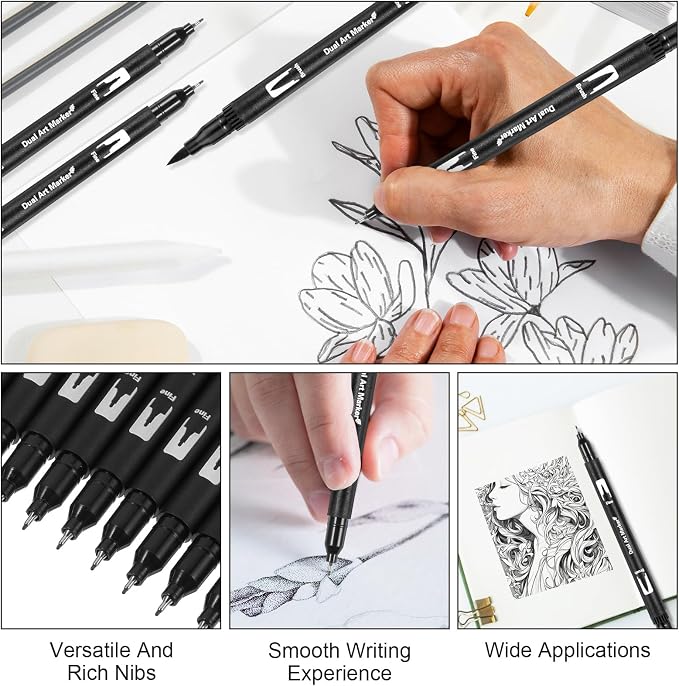 Qianyu 12 Pack Drawing Pens Black Felt Tip Markers Dual Brush Fineliners Pens Fine Calligraphy Brush Pens For Beginners Art Sketching Writing Hand Lettering Scrapbooking Journaling