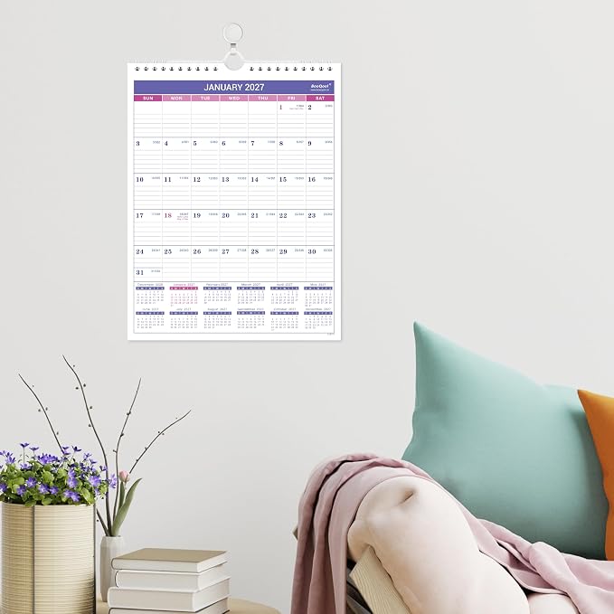 2027 Wall Calendar - Small Wall Calendar 2027, JAN 2027 - DEC 2027, 8.5" x 11", Twin-Wire Binding, Ruled Blocks, Julian Dates, Premium Paper