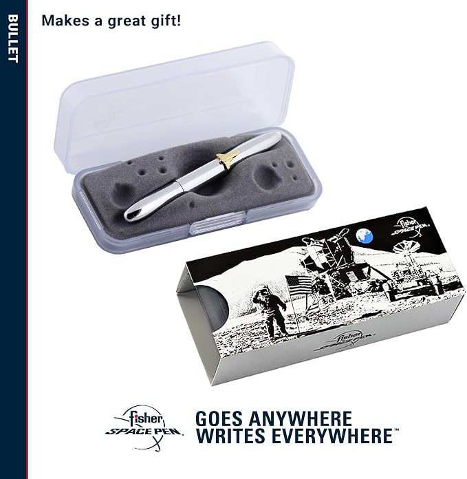 Fisher Space Pen Chrome Shuttle Emblem Bullet Pen, Pressurized Ballpoint Pen, Compact Size, Writes Upside Down, Extreme Temperatures, Smooth Black Ink, Medium Point, Gift Box, Made in USA