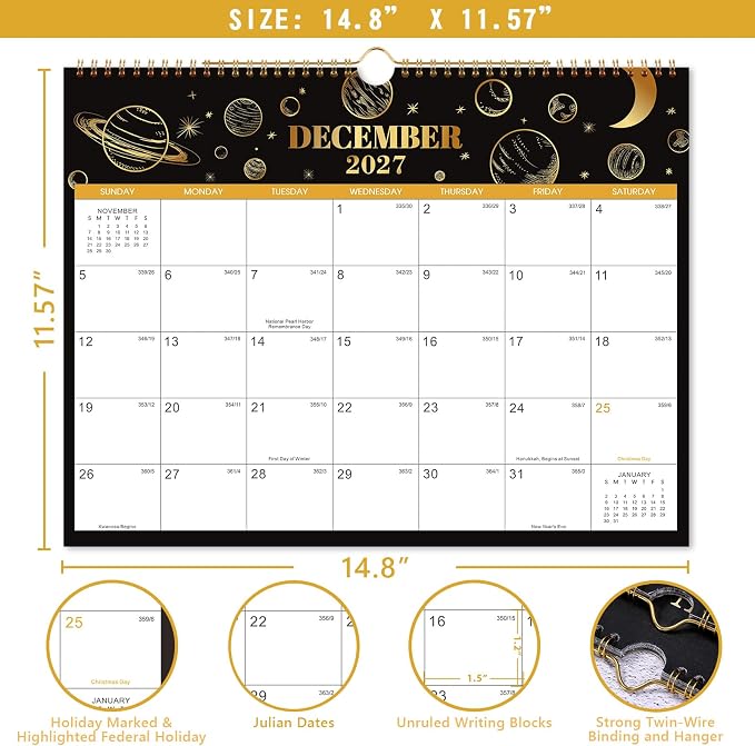 2027 Calendar - 2027 Wall Calendar, JAN 2027 - DEC 2027, 15" x 11.5" | 2027 Wall Calendar 12 Month with Hanging Hook, To-do & Notes for School, Home, Office Organization