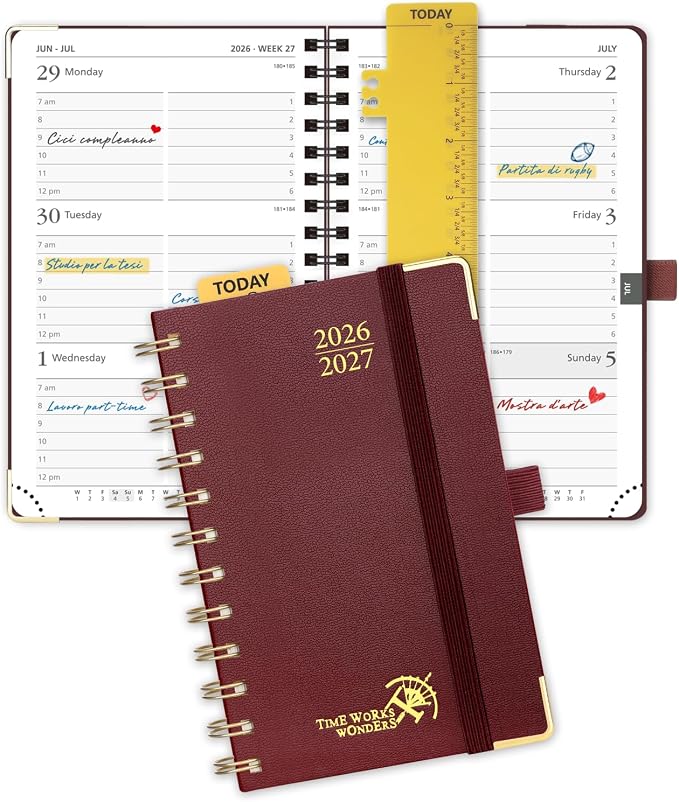 POPRUN Pocket Calendar 2026-2027,6.5" x 3.5" Pocket Planner | Jul 2026-Jan 2027 Small Planner for Purse,Inner-Pocket Weekly Planners with Hardcover, Tabs, Ruler, Pen Loop- Burgundy