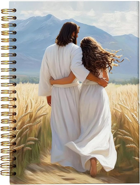 bitCNY Christian Journal Notebook – Jesus Walking with Woman in Wheat Field – Faith Based Spiral Notebook for Women, Spiral Bound 5.5x8.3 Inches