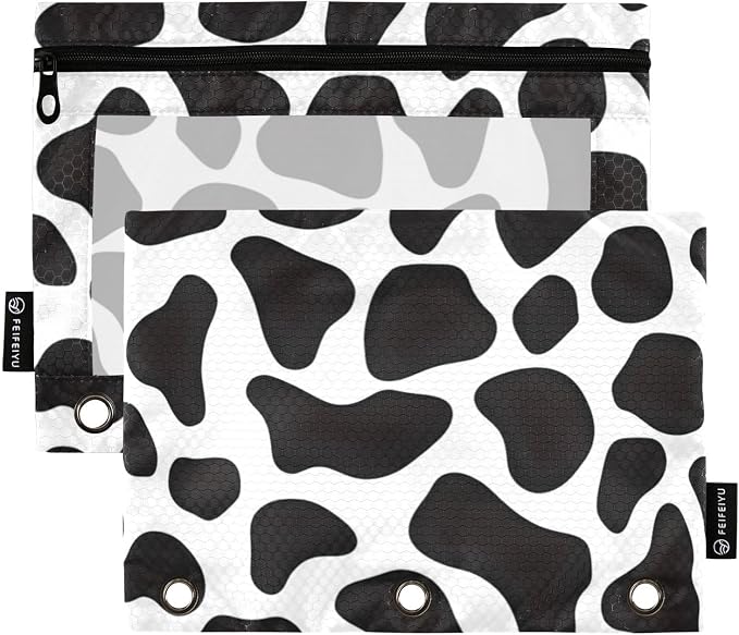 ALAZA Pencil Pouch for 3 Ring Binder, Black and White Cow Doodle Print Binder Pencil Pouches with Clear Window Zipper Pencil Case Cosmetic Bags for Office College Supplies, 2PCS