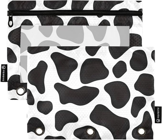 ALAZA Pencil Pouch for 3 Ring Binder, Black and White Cow Doodle Print Binder Pencil Pouches with Clear Window Zipper Pencil Case Cosmetic Bags for Office College Supplies, 2PCS
