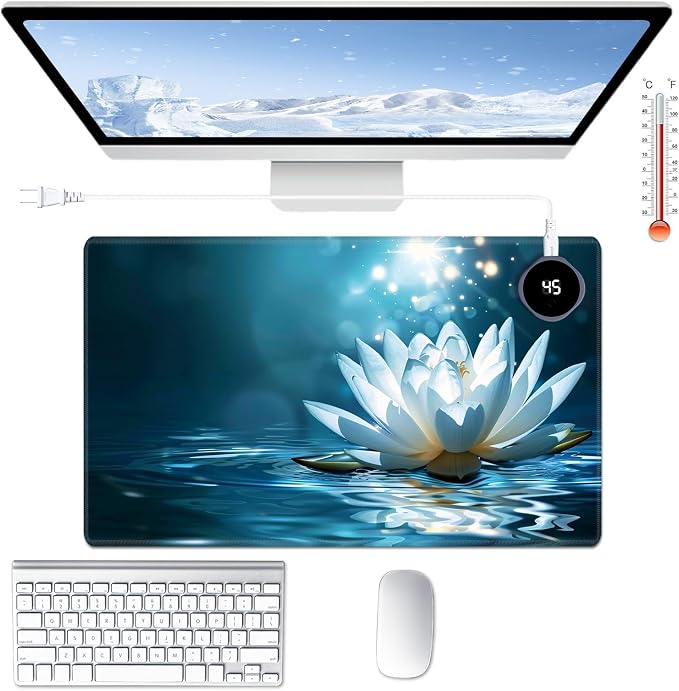 Heated Desk Pad Large Mouse Pad 23.6 x 14.1 inch with 3 Levels Heating & Auto Shut-Off Warm Mouse pad PU Leather Computer Mousepad for Home Office Work - White Lotus Floral Flower